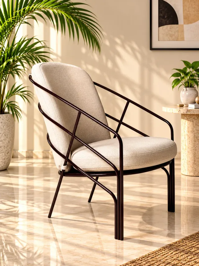 Metal-framed armchair with upholstered seat