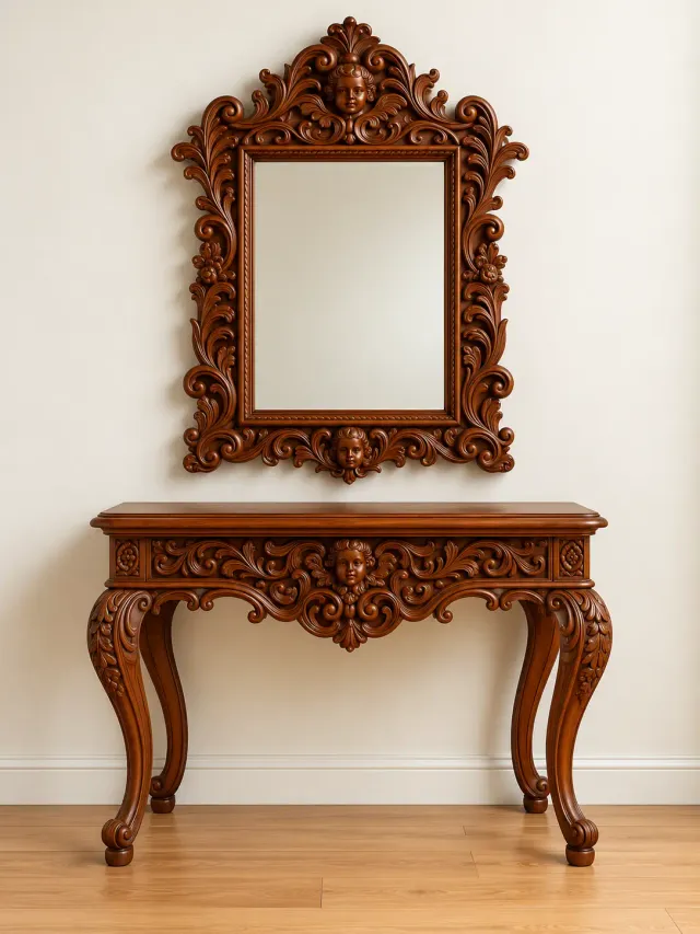 Hand-carved wooden console with mirror